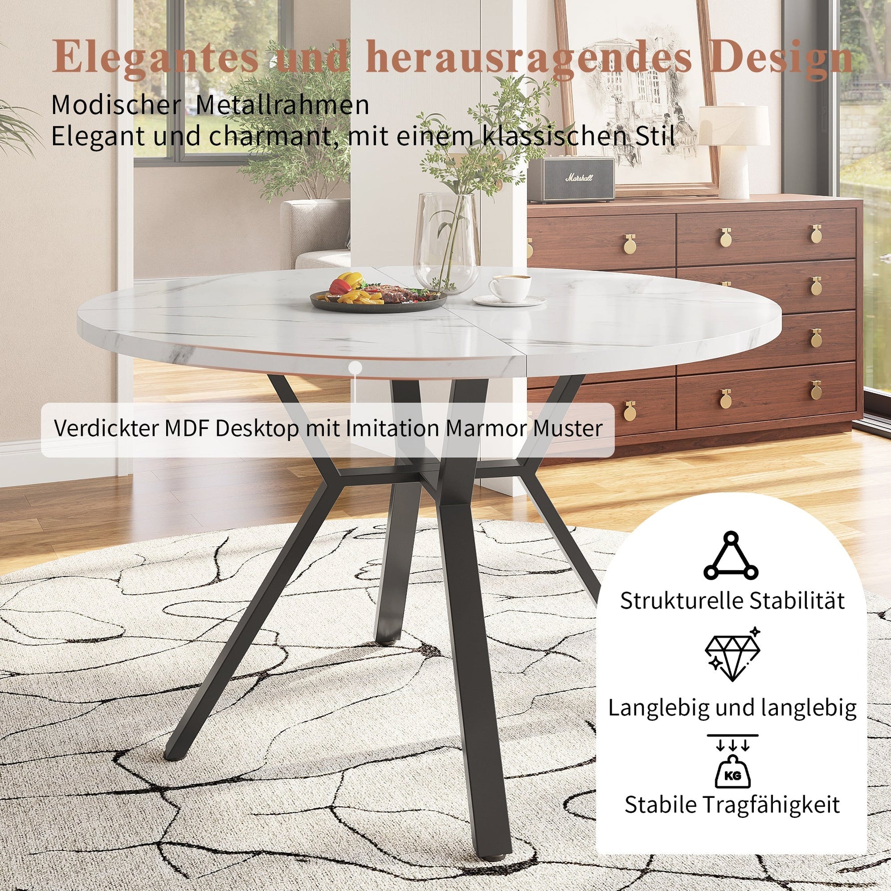 Dining Table Set 5-Piece Round Marble 4 Chairs Black Metal Legs Green Suede