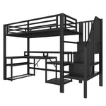 Loft Bed with Desk, Storage Staircase and LED Lights, Black Iron Frame