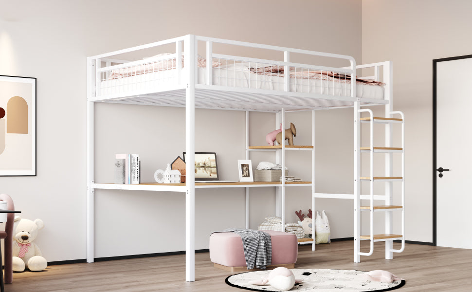 Metal Loft Bed 140*200 cm with Ladder, Table & Shelf, White