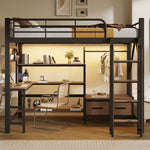 Loft Bed 90x200 with Desk, Shelves & LED Light, Black Iron Frame
