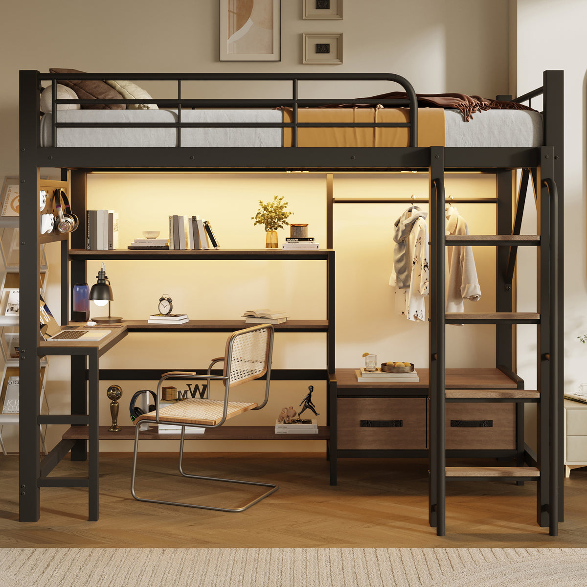Loft Bed 90x200 with Desk, Shelves & LED Light, Black Iron Frame
