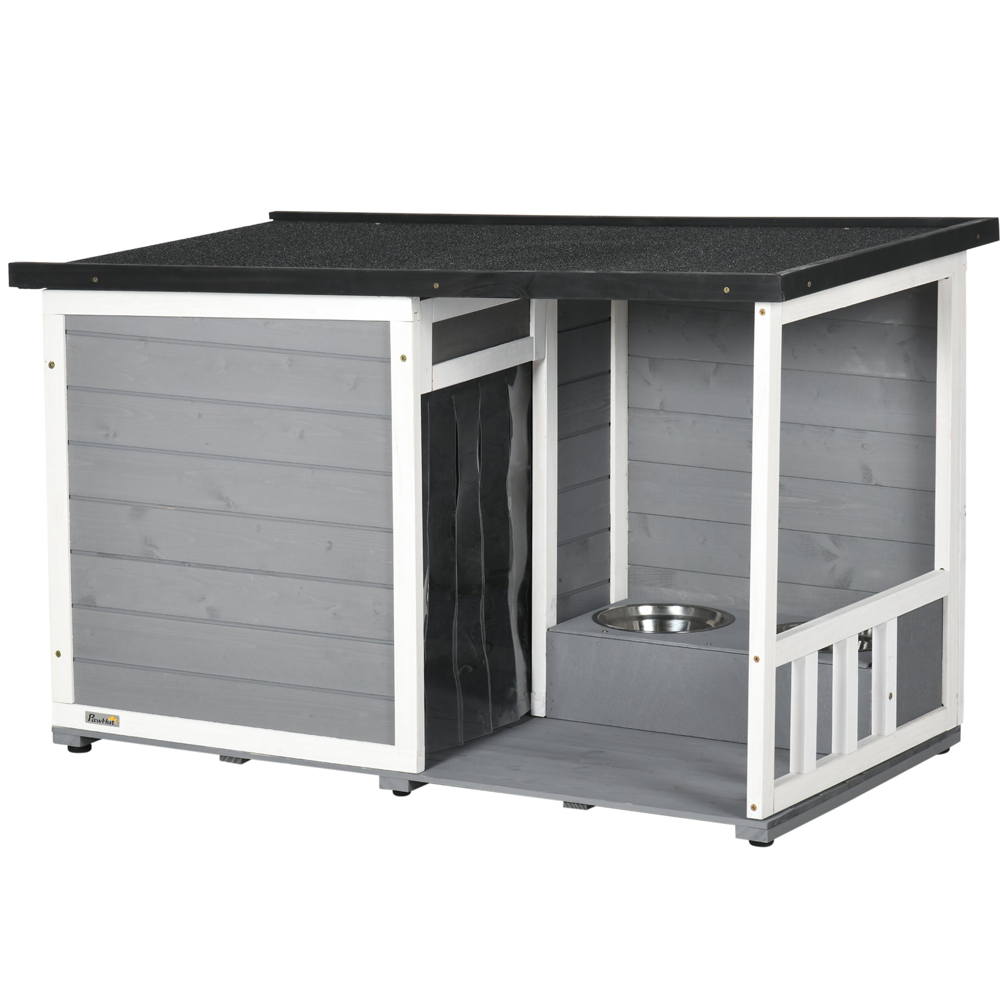 Dog House with Terrace, Fir Wood, Weather-Resistant, 2 Bowls, Asphalt Roof, Grey