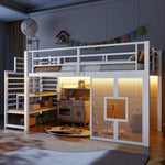 Loft Bed 90x200cm with Stairs, Storage & LED Light, White Metal