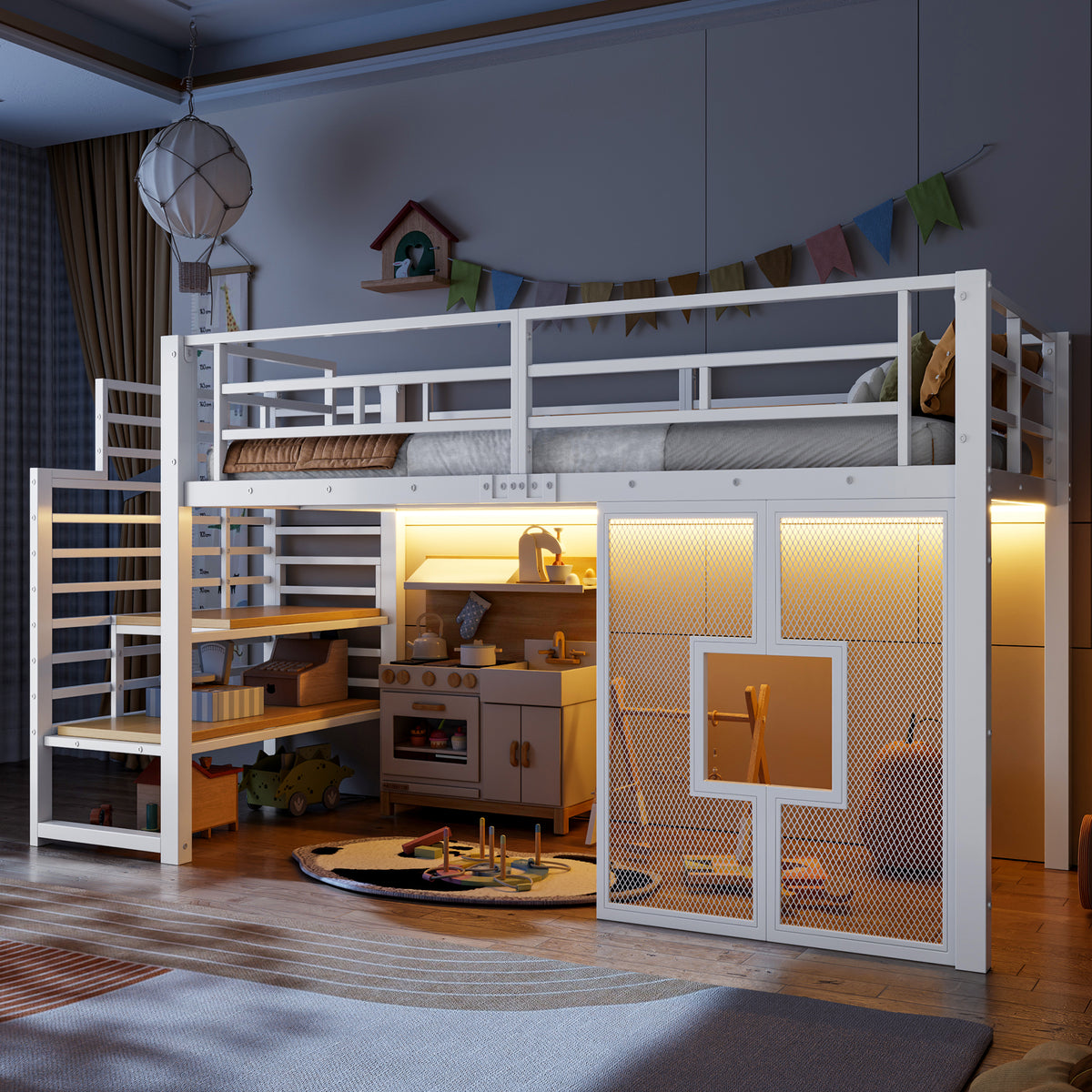 Loft Bed 90x200cm with Stairs, Storage & LED Light, White Metal