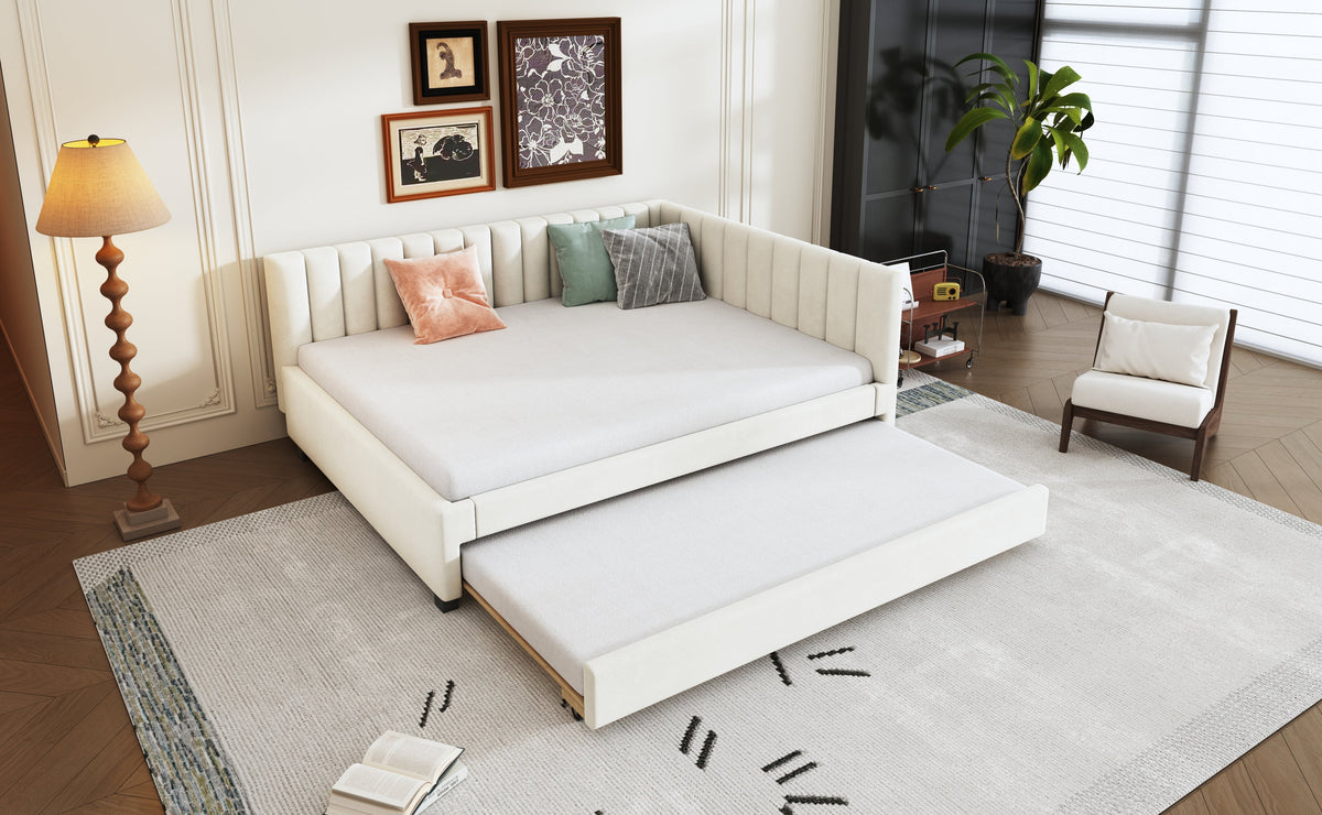 Upholstered Bed 140*200, Pull-Out Sofa Bed with Slatted Frame, Velvet Fabric Beige