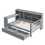 Sofa Bed, Multifunctional with Desk, Bookshelf, Storage & Power Outlet, Solid Wood, Grey