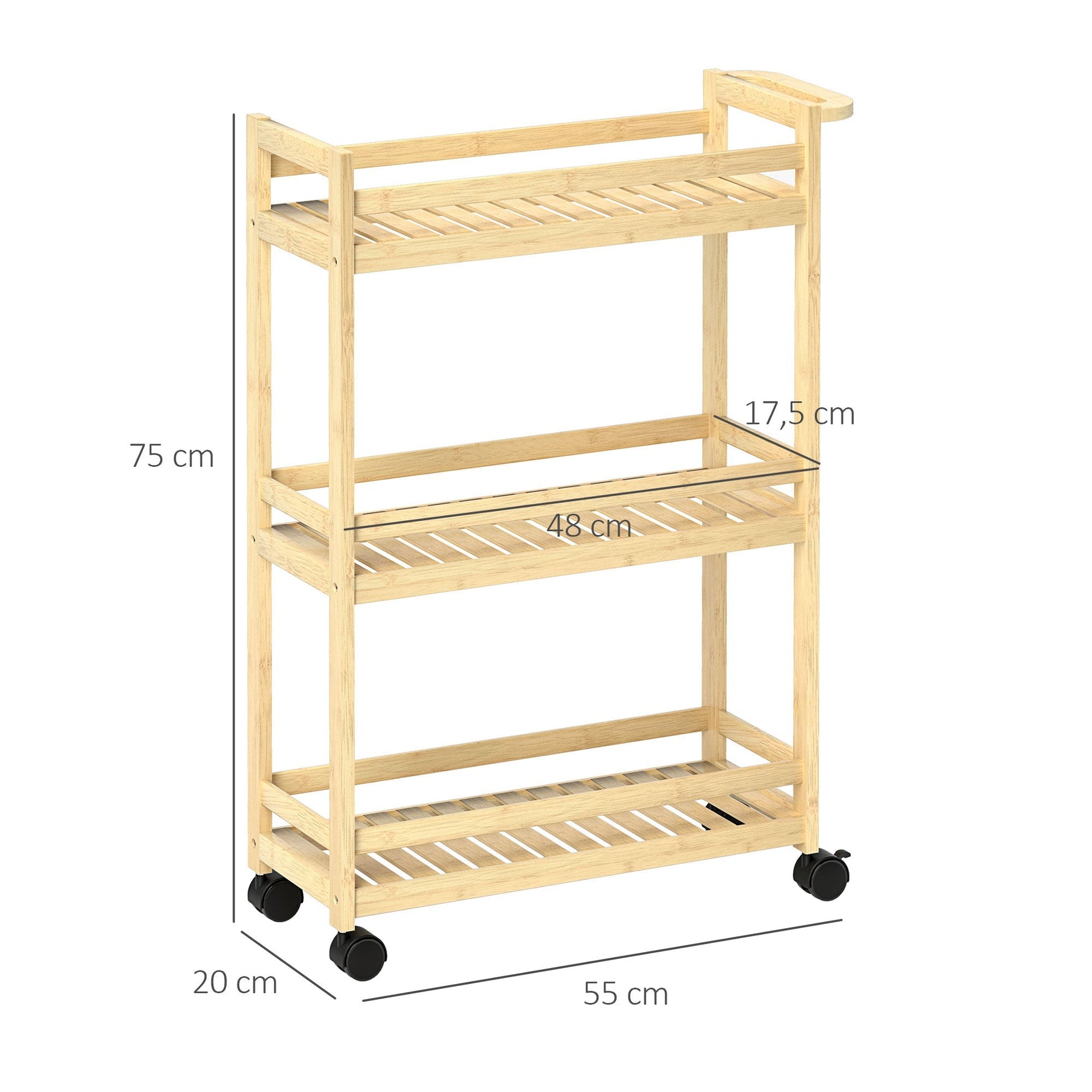 3-Tier Serving Cart, Wheels & Handle, Natural Wood