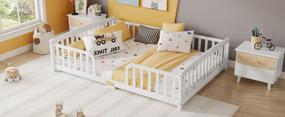 Floor Bed 140x200 cm with Safety Railings - Pine Wood, White