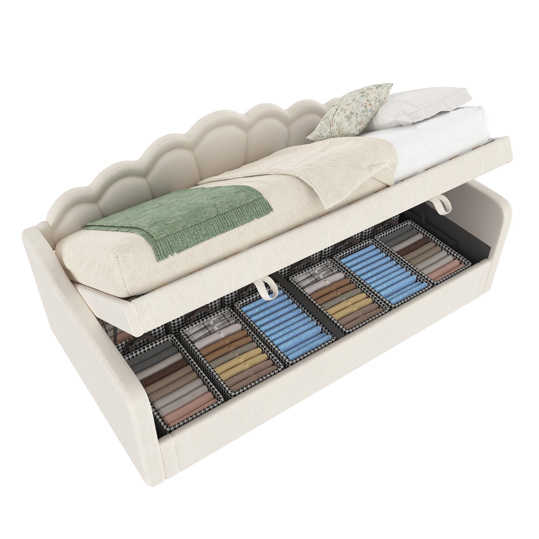 Daybed Sofa Bed 90x200cm Hydraulic Storage LED - Velvet Beige