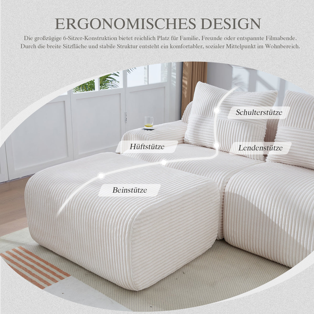 3-Seater Modular Corduroy Sofa with 2 Ottomans, Cup Holders and Storage Pocket, Beige