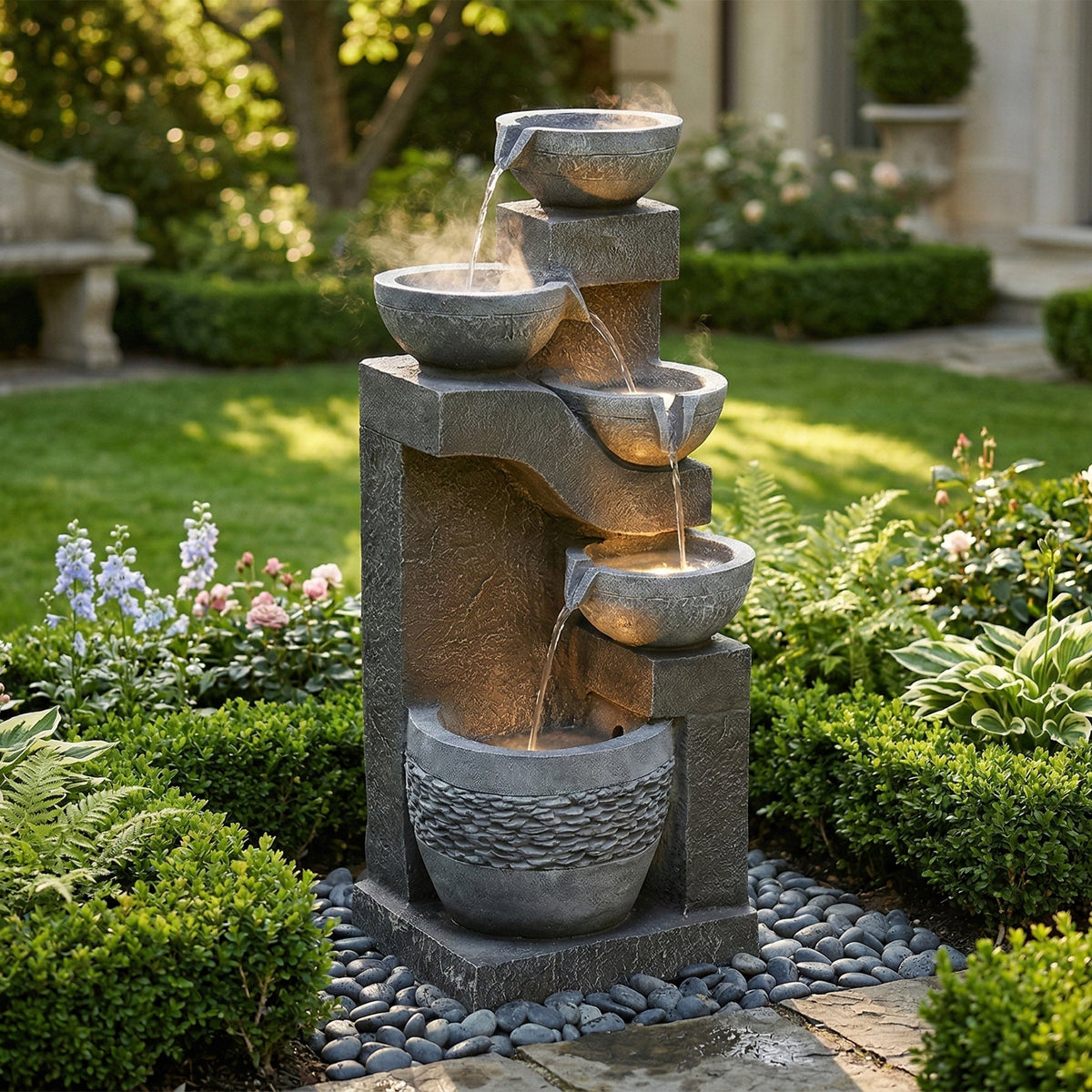 Garden Fountain with LED Lighting and Water Pump, Artificial Stone, Grey