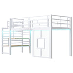 Loft Bed 90x200cm with Stairs, Storage & LED Light, White Metal