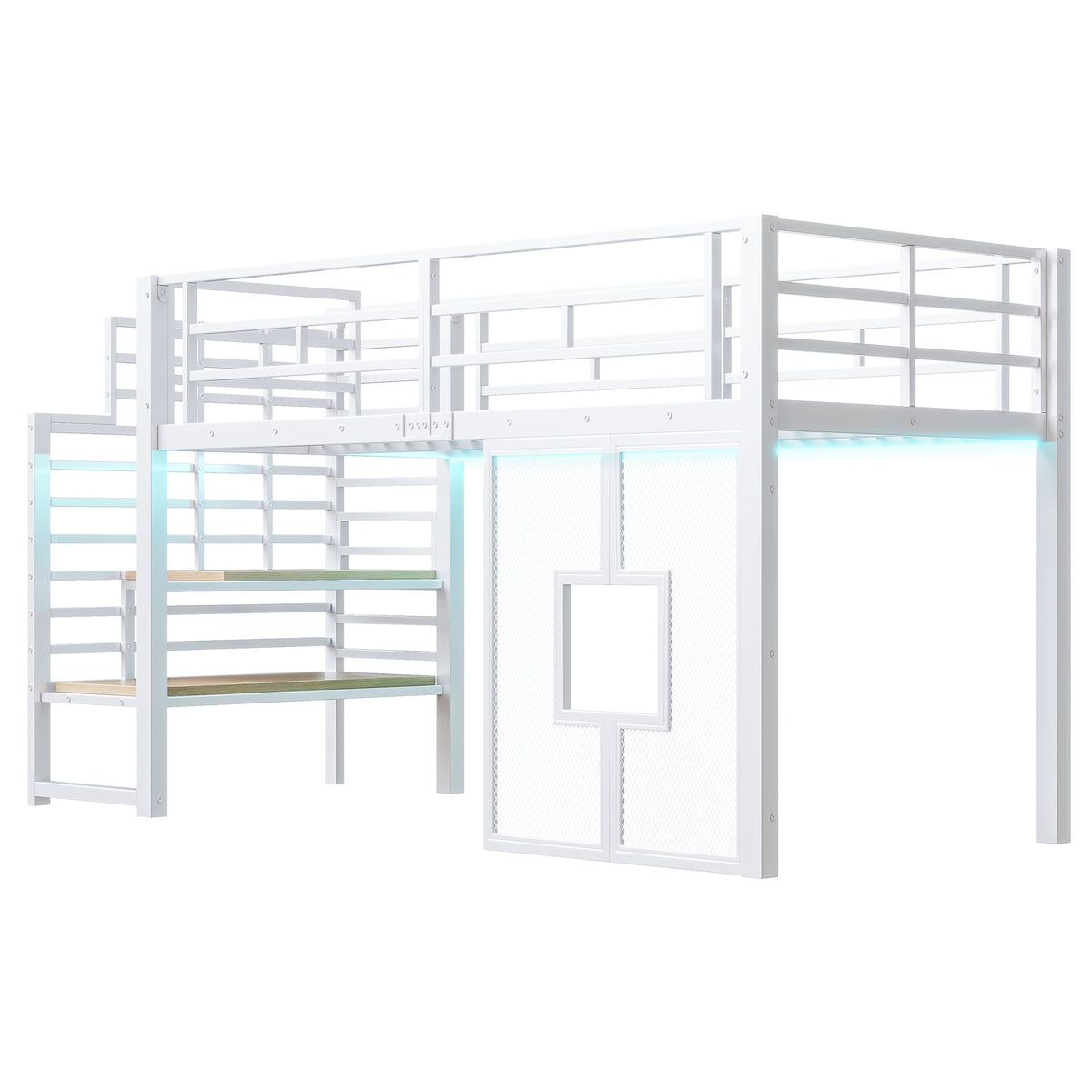 Loft Bed 90x200cm with Stairs, Storage & LED Light, White Metal