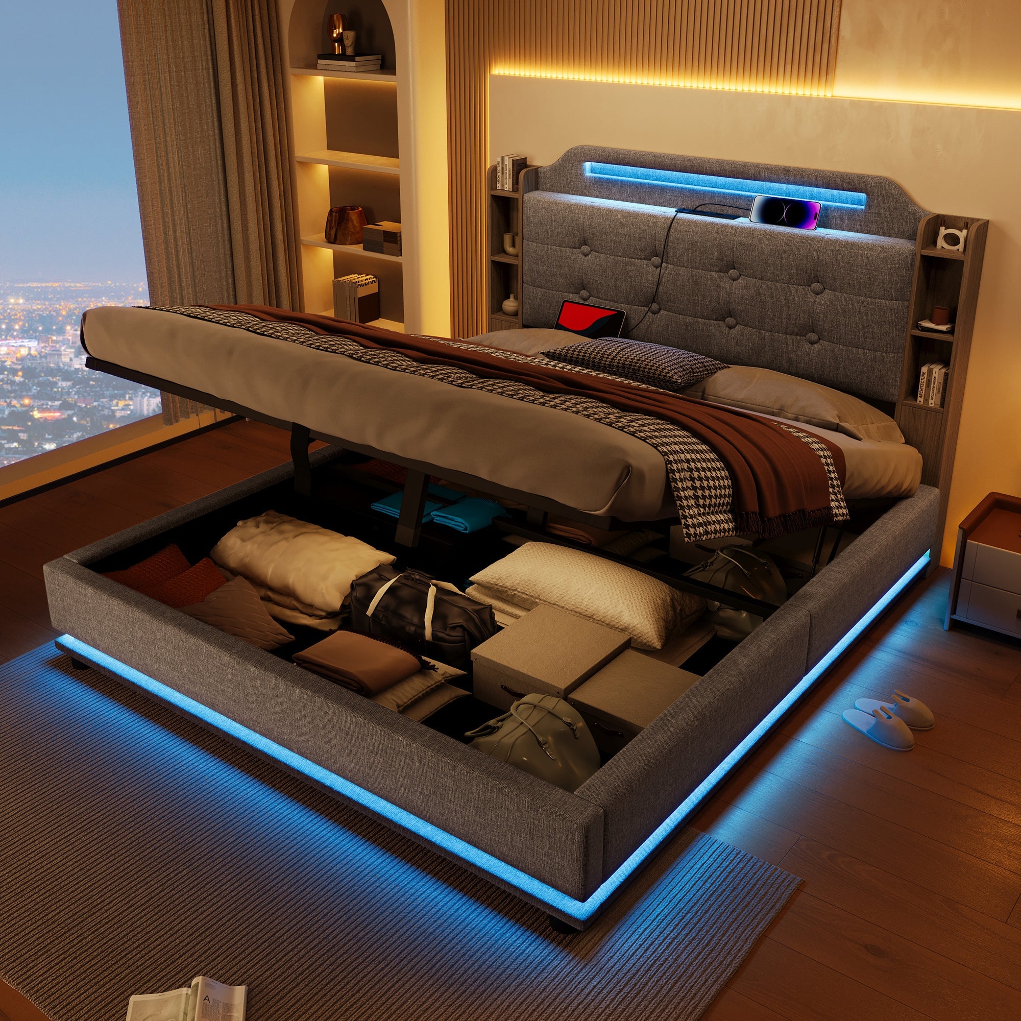 Upholstered Bed 140x200cm, LED Light Strip, Hydraulic Storage, USB + Type-C, Grey Linen