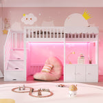 Wooden Loft Bed 90x200cm with Wardrobe & Storage Stairs, White