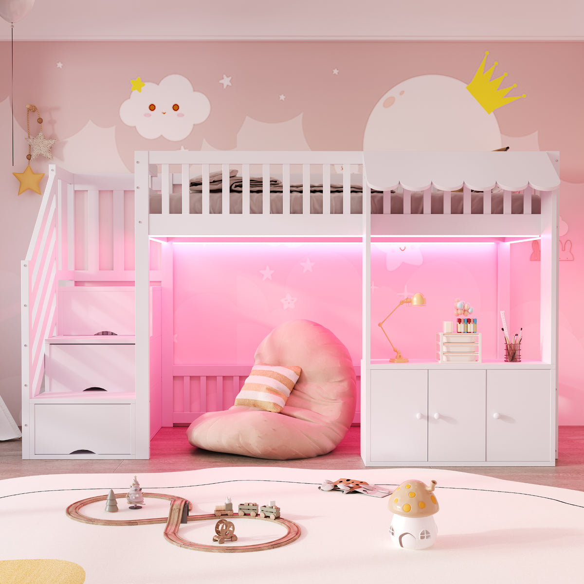 Wooden Loft Bed 90x200cm with Wardrobe & Storage Stairs, White