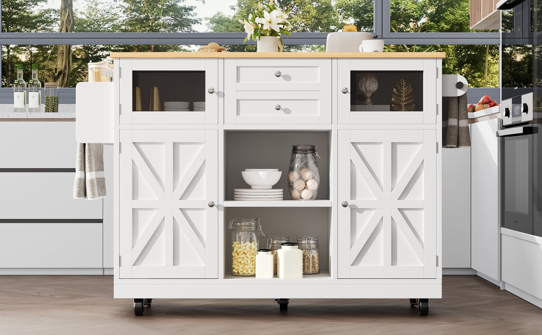 Kitchen Island Dining Trolley Sideboard Worktop Casters Adjustable Storage White