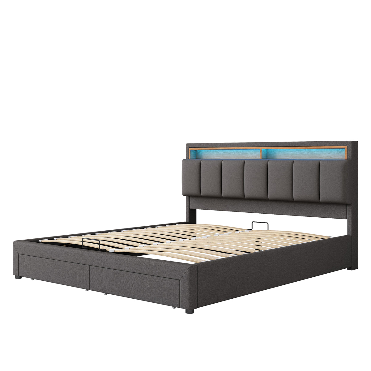 Upholstered Bed 180x200cm with Hydraulic Storage & LED, Grey Linen