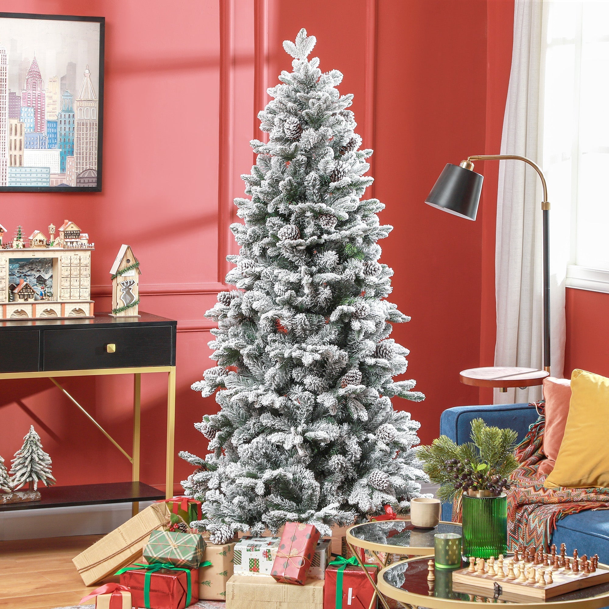 Artificial Christmas Tree, Snow & Pine Cones, Realistic, Flame-Retardant, 183 cm, Green