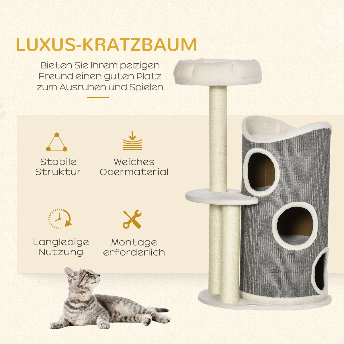 Cat Tree 109cm, Scratching Barrel & Bed, Sisal, White Grey