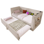 Upholstered Daybed Sofa Bed 90x190cm Pull-Out USB/Type-C Charger, Beige Linen Blend