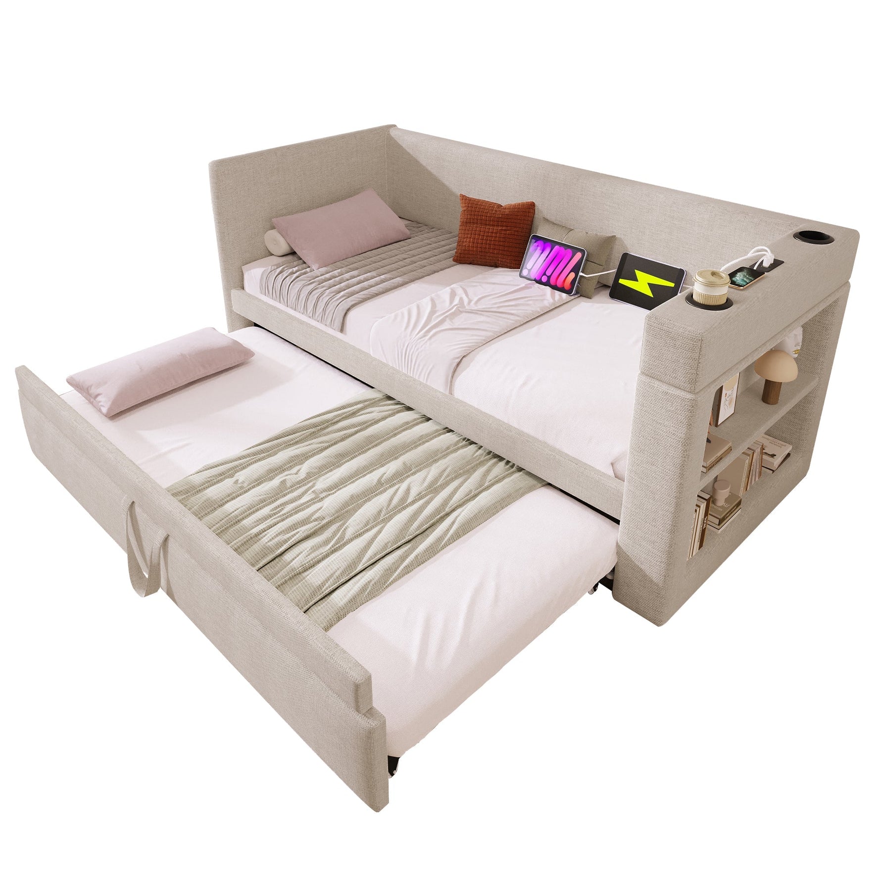 Upholstered Daybed Sofa Bed 90x190cm Pull-Out USB/Type-C Charger, Beige Linen Blend