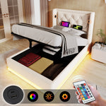 Upholstered Single Bed, Hydraulic Storage with USB & LED, Beige Cotton