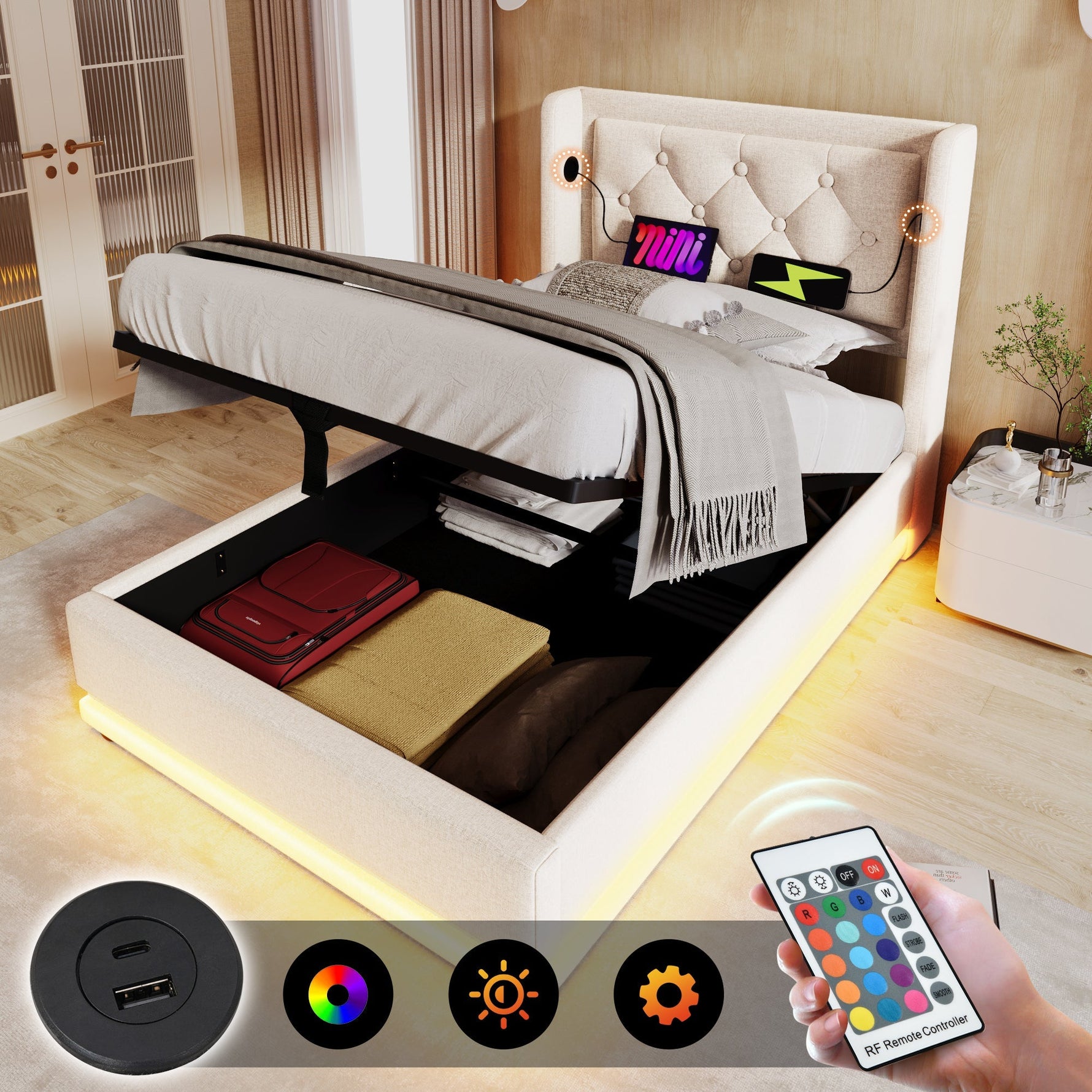 Upholstered Single Bed, Hydraulic Storage with USB & LED, Beige Cotton
