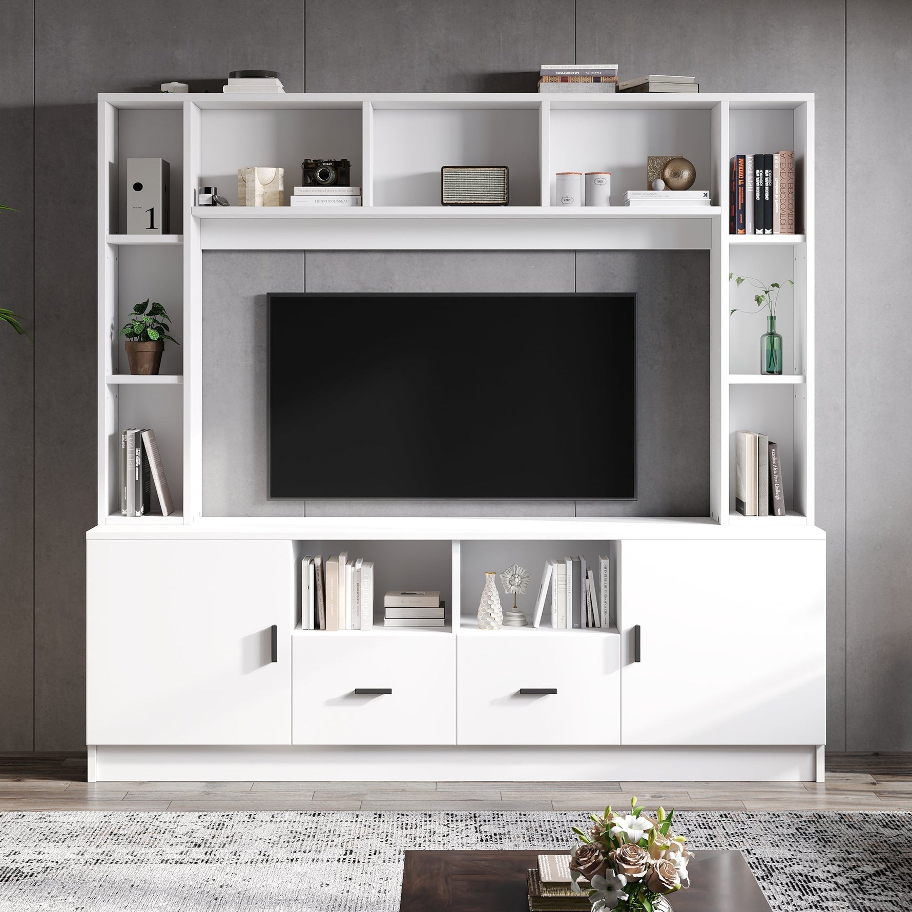 TV Wall Unit Set 180x170cm Display Cabinet 2 Cabinets 2 Drawers for 60" TV - White
