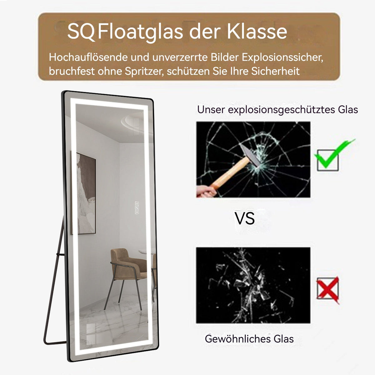 Full-length Vertical Mirror, LED Dimming 163x54CM, Aluminum Alloy Black