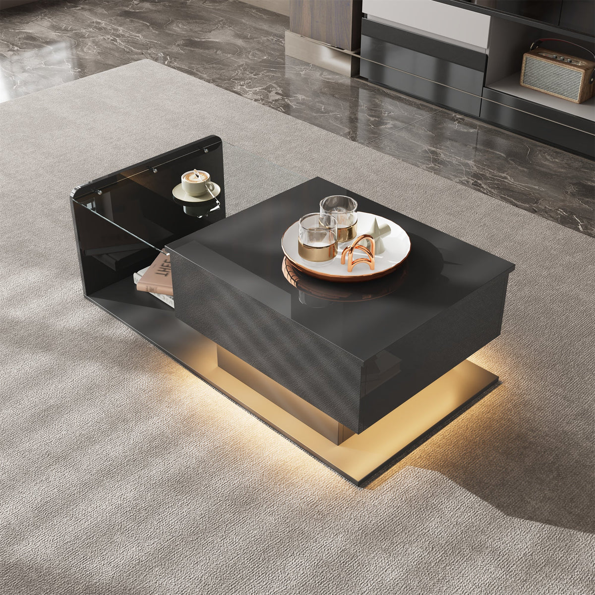 Coffee Table with Glass & LED, High-Gloss Black