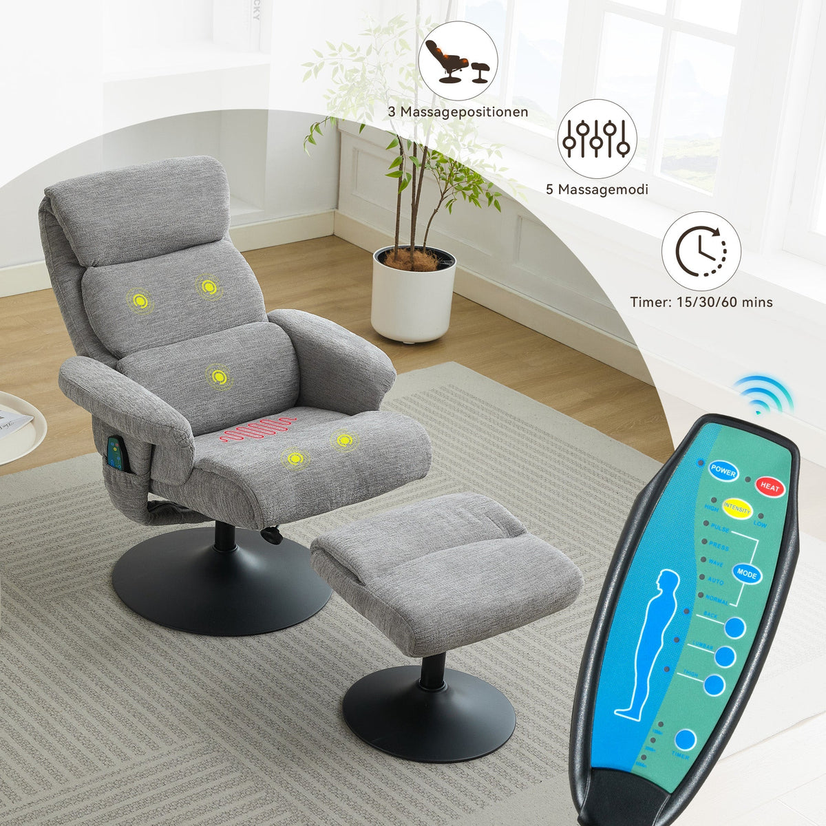 023 Recliner Chair, 5-Point Massage, Heated, 360° Swivel, Chenille Fabric Grey