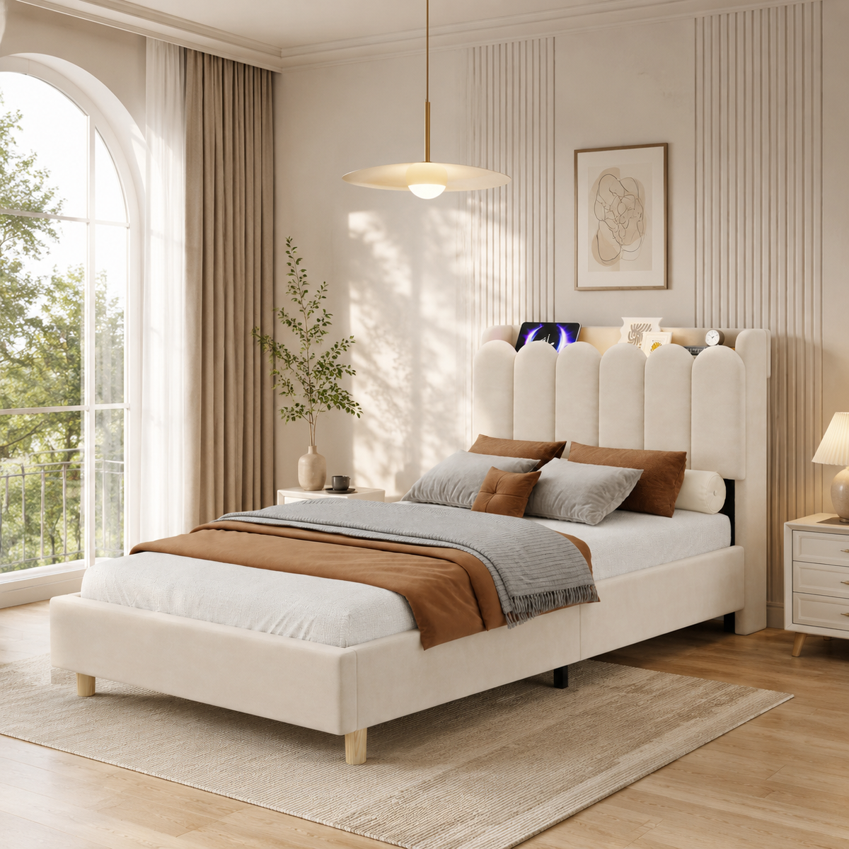 Upholstered Single Bed 90x200cm with USB & Lamp, Beige Velvet