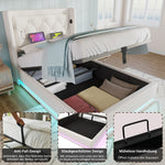 Upholstered Single Bed 90*200cm Hydraulic Storage Headboard USB Type-C LED, White PU