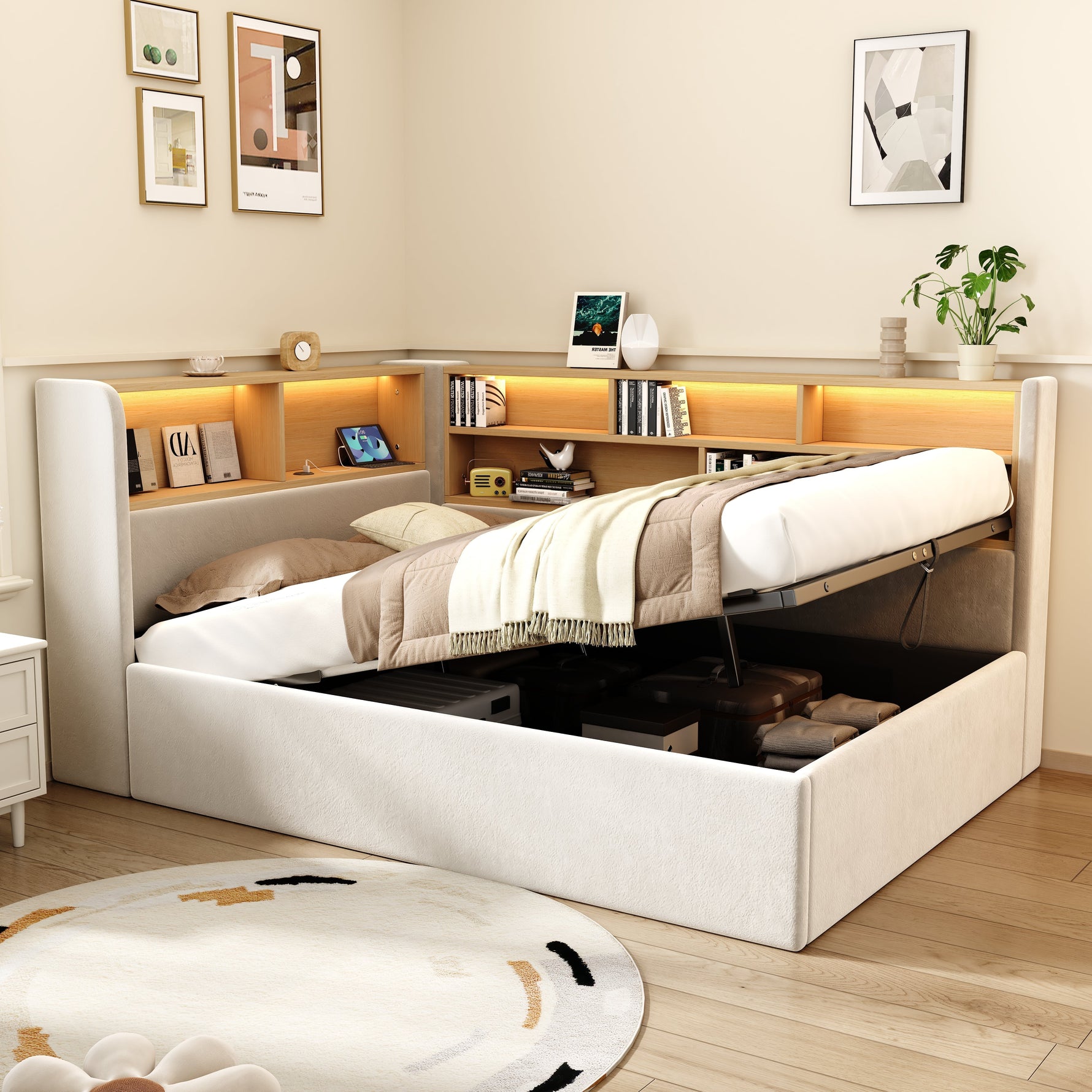 Daybed Upholstered Sofa Bed 90x200cm Hydraulic Storage LED USB Beige Velvet