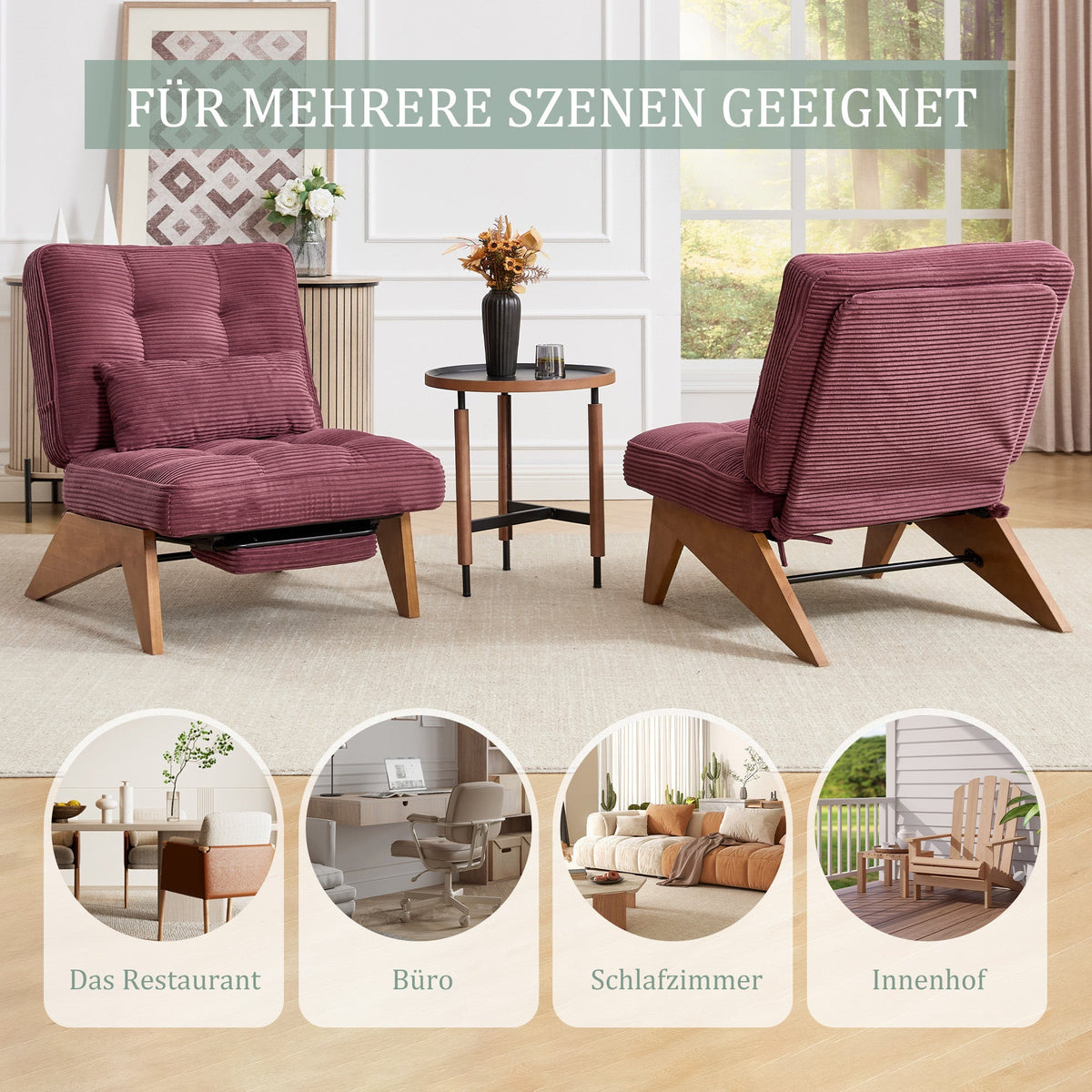Modern Adjustable Backless Lounge Chair with Footrest, Lumbar Cushion, Wooden Legs - Fabric