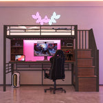 Loft Bed with Desk, Storage Stairs, LED and Socket, 90x200cm, Black Iron