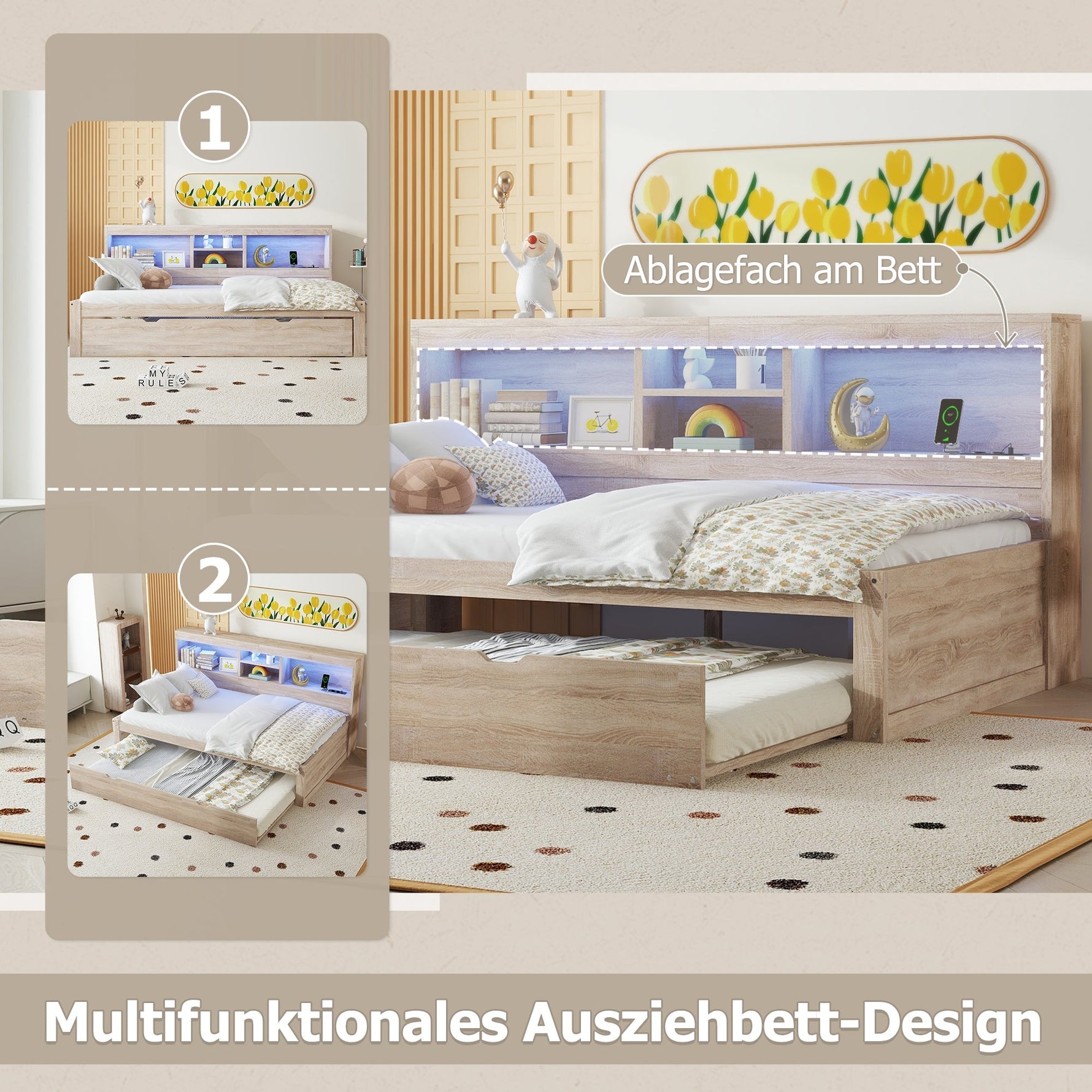 Daybed with Pull-Out Bed, LED Lights and USB Port, Natural Finish
