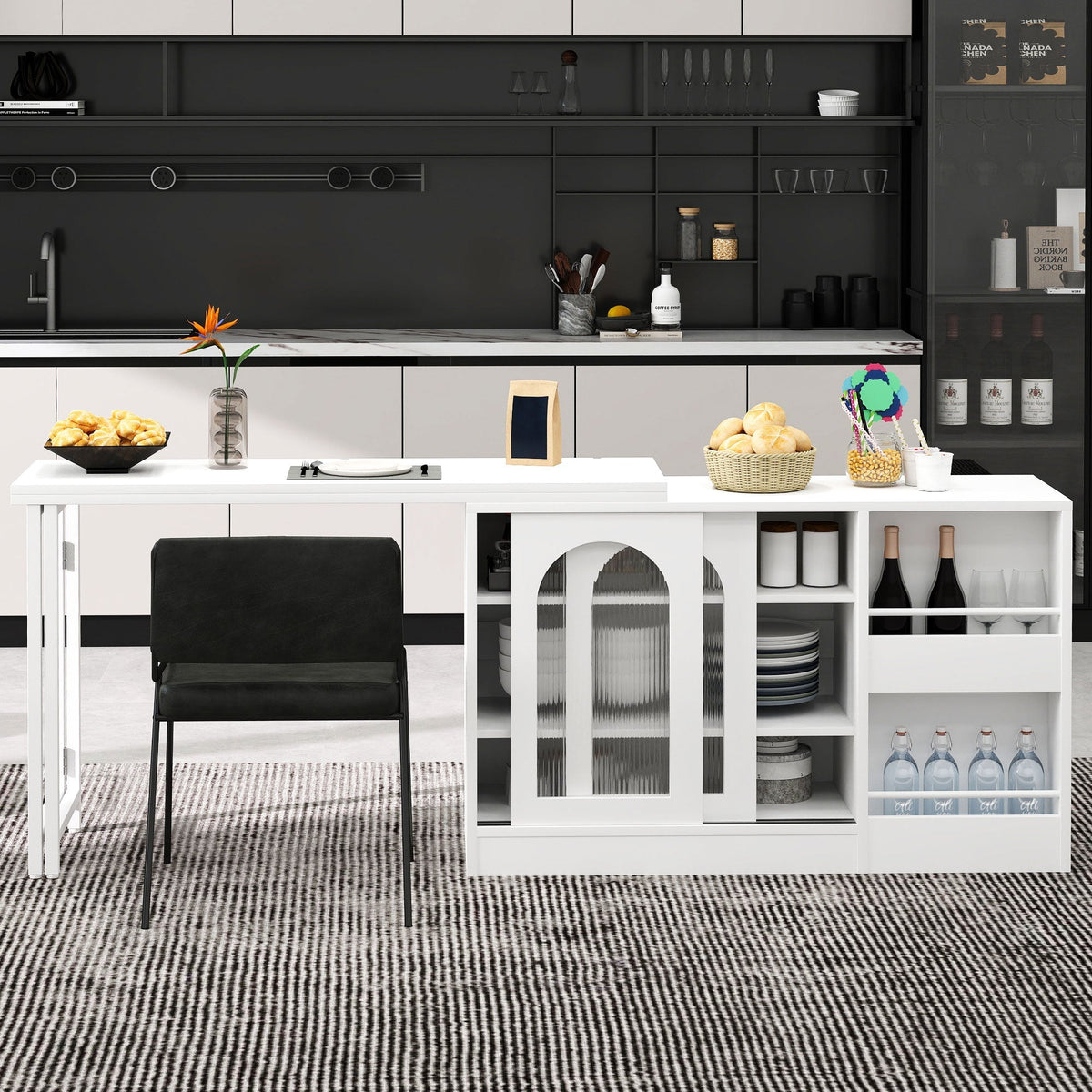 Bar Table, Extendable 360° Rotating with Storage & Glass Door, White