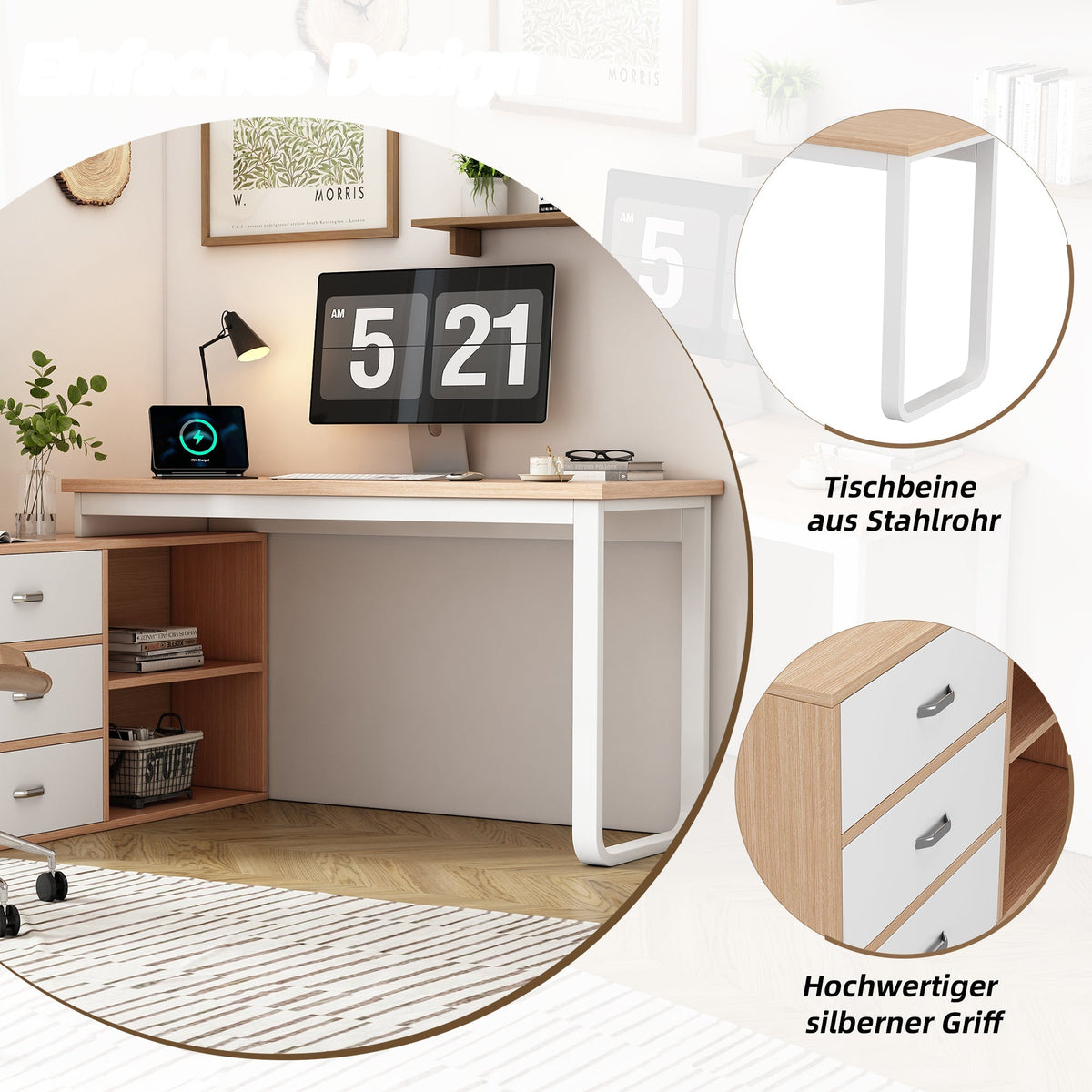 Simple Office Desk with 3 Drawers, 2 Open Shelves, Steel Frame - Natural