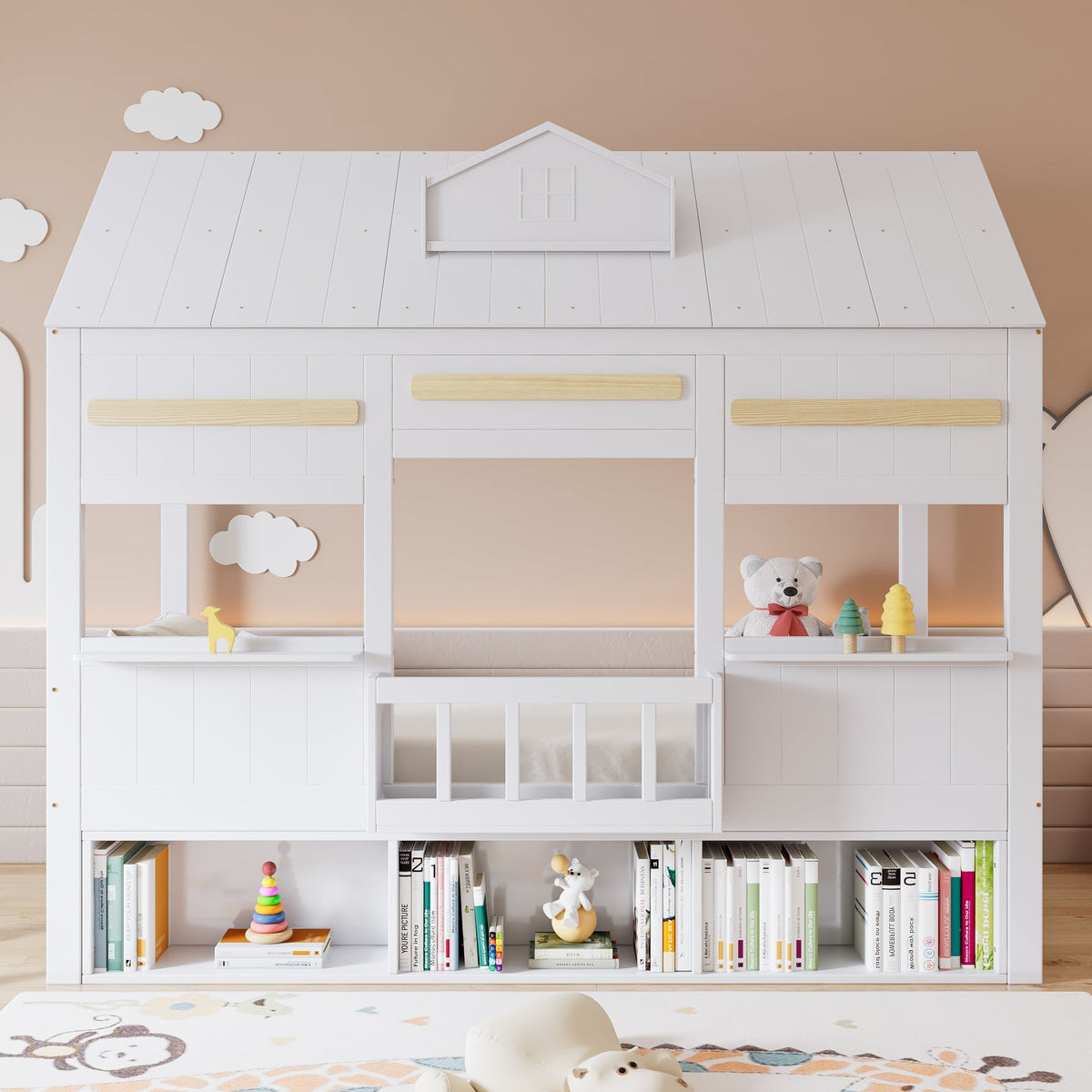 Loft Bed with House-Shaped Design, Bookshelf and Slatted Base, 90x200cm, White Pine + MDF