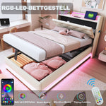Children's Upholstered Bed 90*200cm, Lights, USB, Storage, Beige Linen