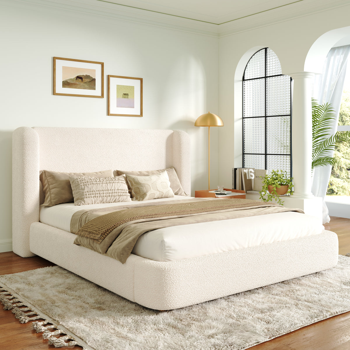 Upholstered Double Bed 180x200 cm with Slatted Base, Beige Bouclé