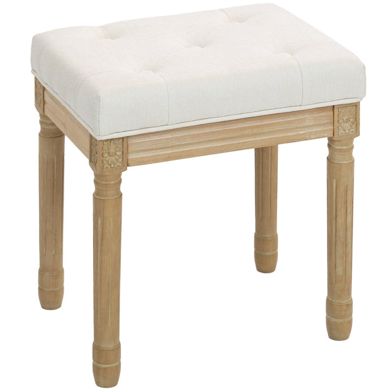 Linen Stool Upholstered Padded Seat Wooden Legs - Beige