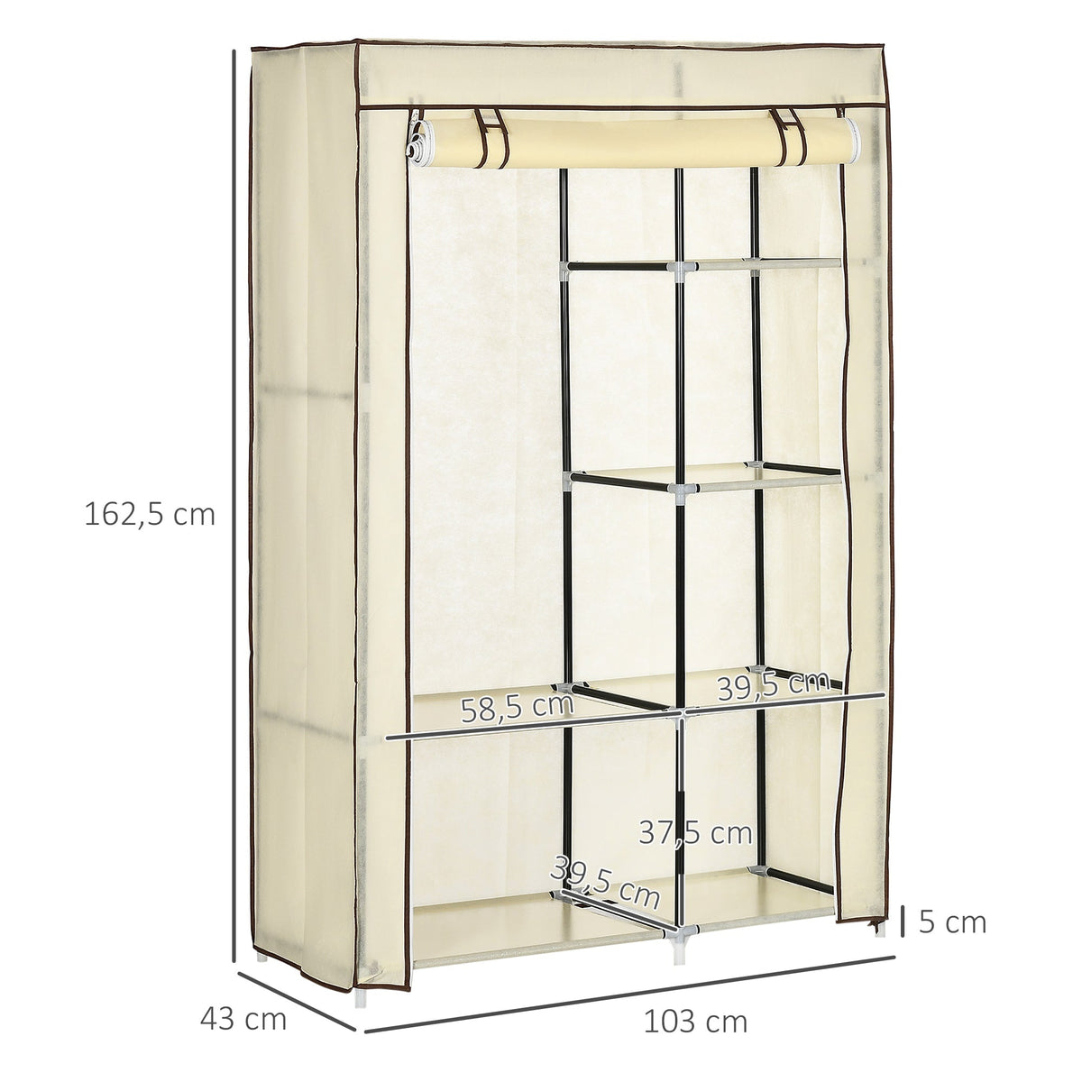 Wardrobe Foldable, 2 Clothes Rails & 6 Compartments, Fabric Cream