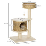 Rattan Cat Tree with Cat Cave, Ball Toy, Natural and Beige