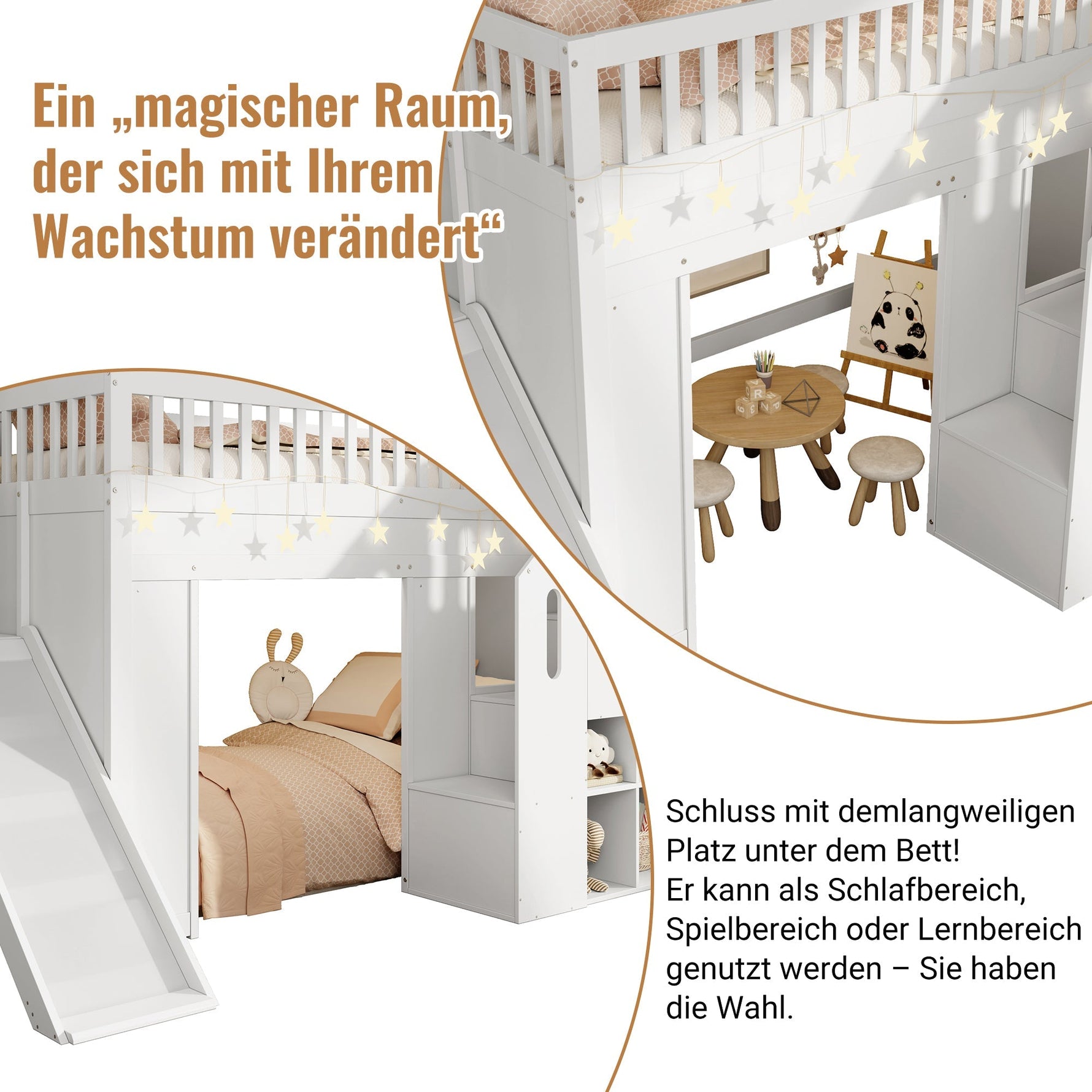 Bunk Bed with Slide, Storage Stairs and LED Light Strip, White Solid Wood
