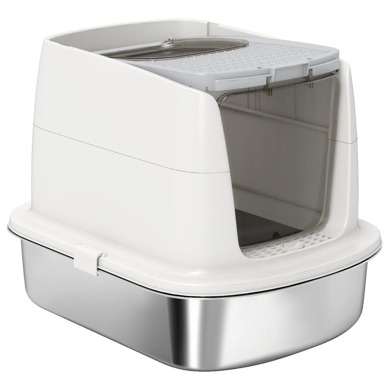 Stainless Steel Cat Litter Box, Enclosed with Scoop, Odor Bag, Entry/Exit
