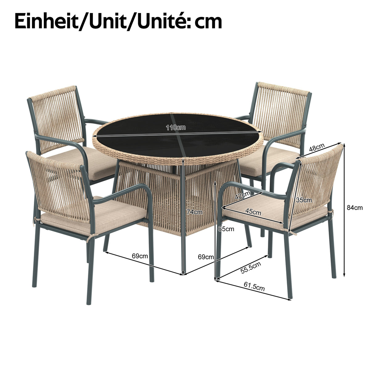 Modern Garden Furniture Set with Round Table & 4 Chairs, Rattan