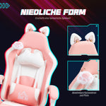 Gaming Chair with Lumbar Support, Footrest, Cat Ears, Pink